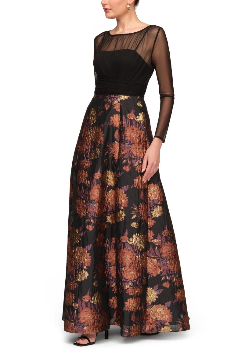 Yuna Long Sleeve Mixed Media Metallic Floral Jacquard Gown, Alternate, color, BLACK MULTI