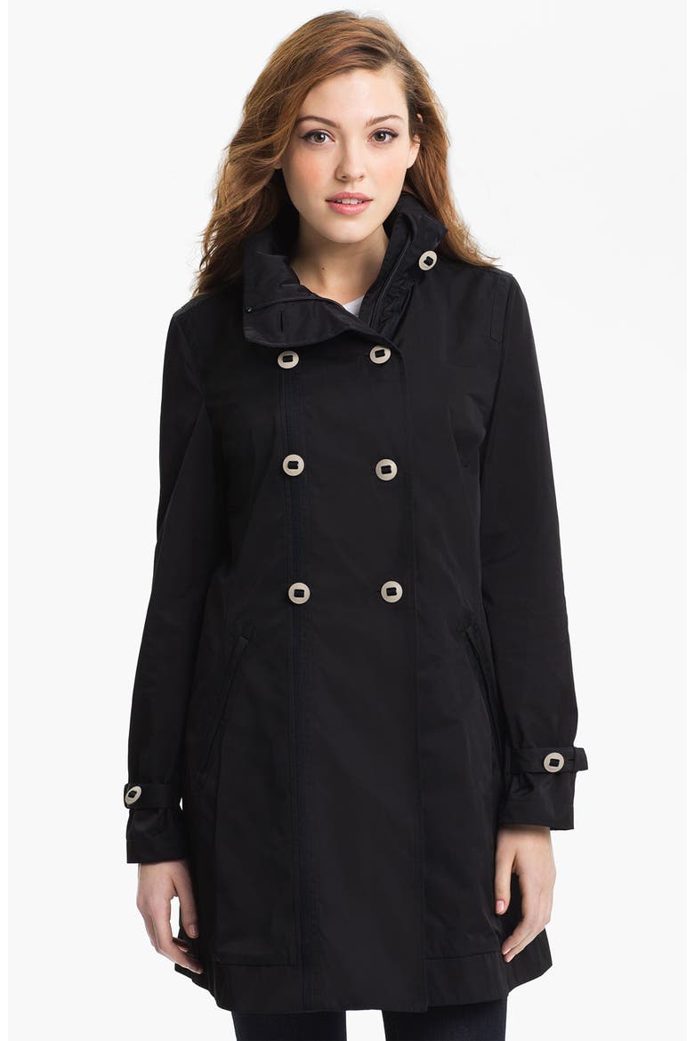 Double Breasted Packable Raincoat, Main, color, BLACK