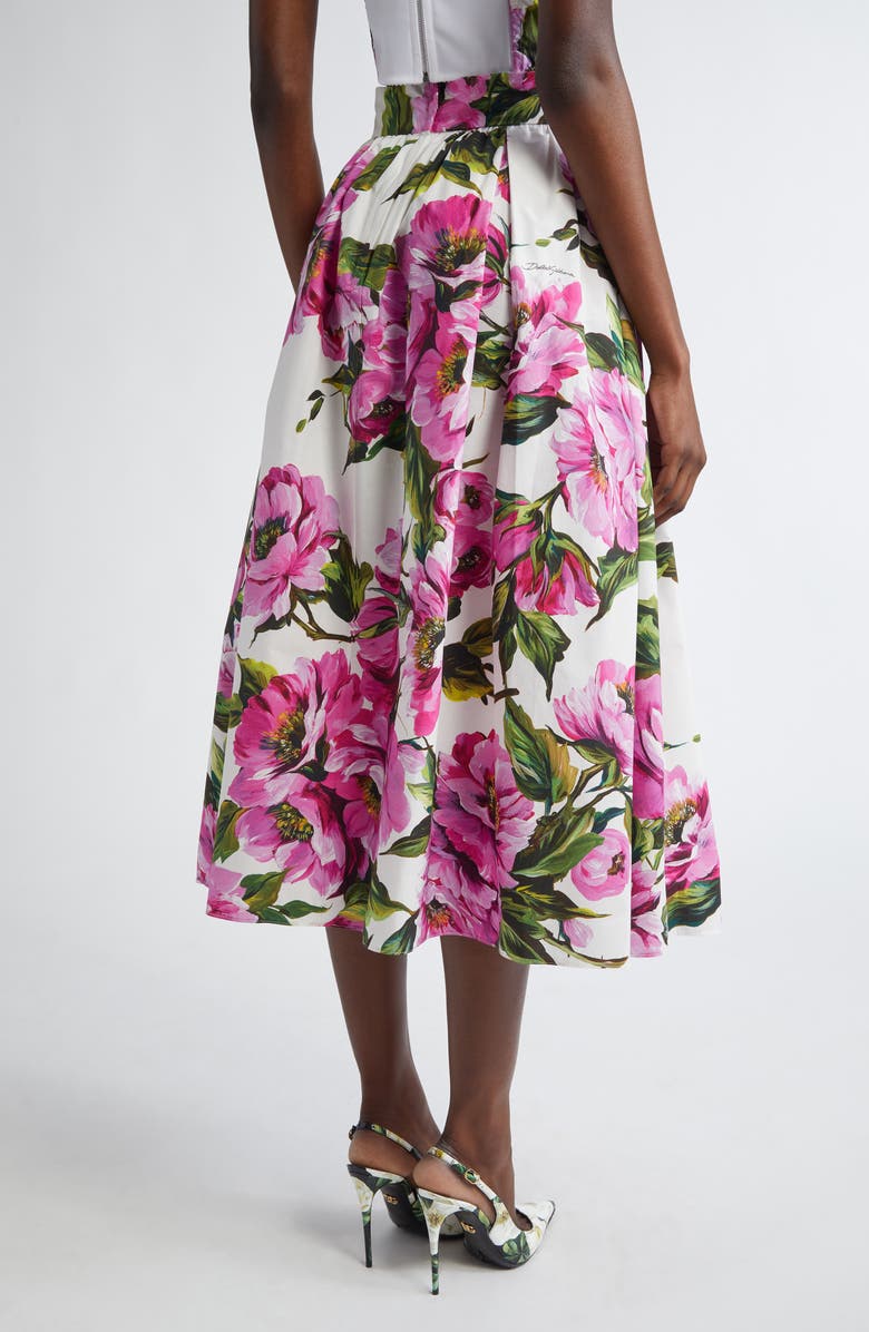 Dolce&Gabbana Peony Print Pleated Cotton Poplin Skirt, Alternate, color, Peonie Fuxia F.bianco