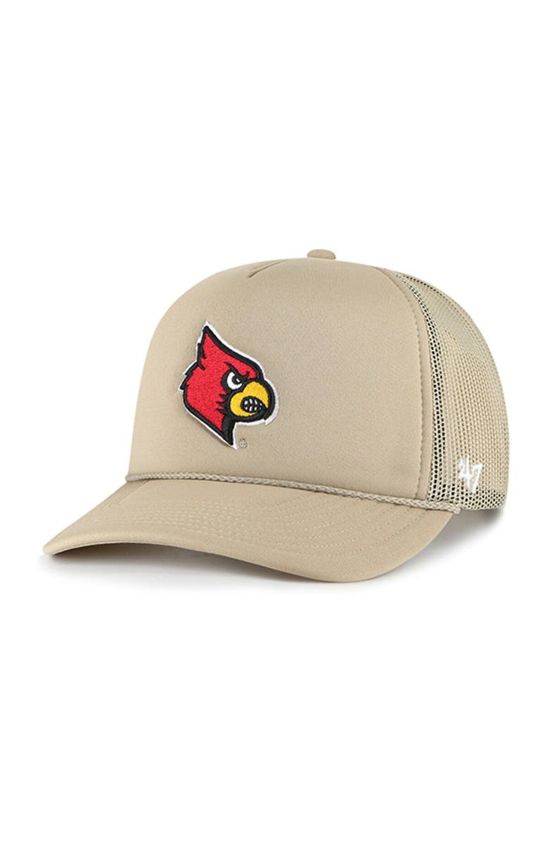 '47 Men's '47 Khaki Louisville Cardinals Foam Front Mesh Trucker Snapback Hat, Main, color, 