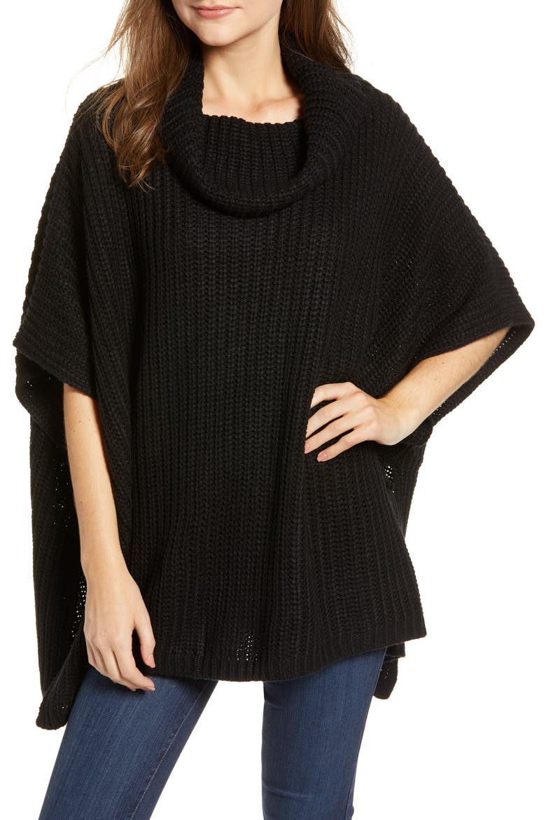Chunky Knit Poncho, Main, color, BLACK