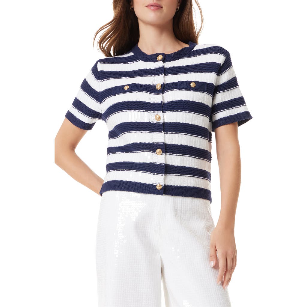 Sam Edelman Colleen Stripe Short Sleeve Cardigan In Navy Stripe