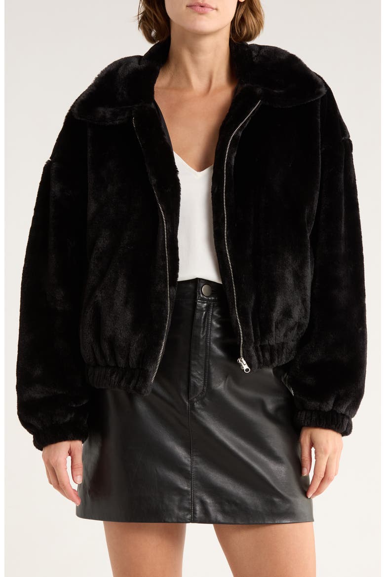 Faux Fur Zip Bomber Jacket, Main, color, BLACK