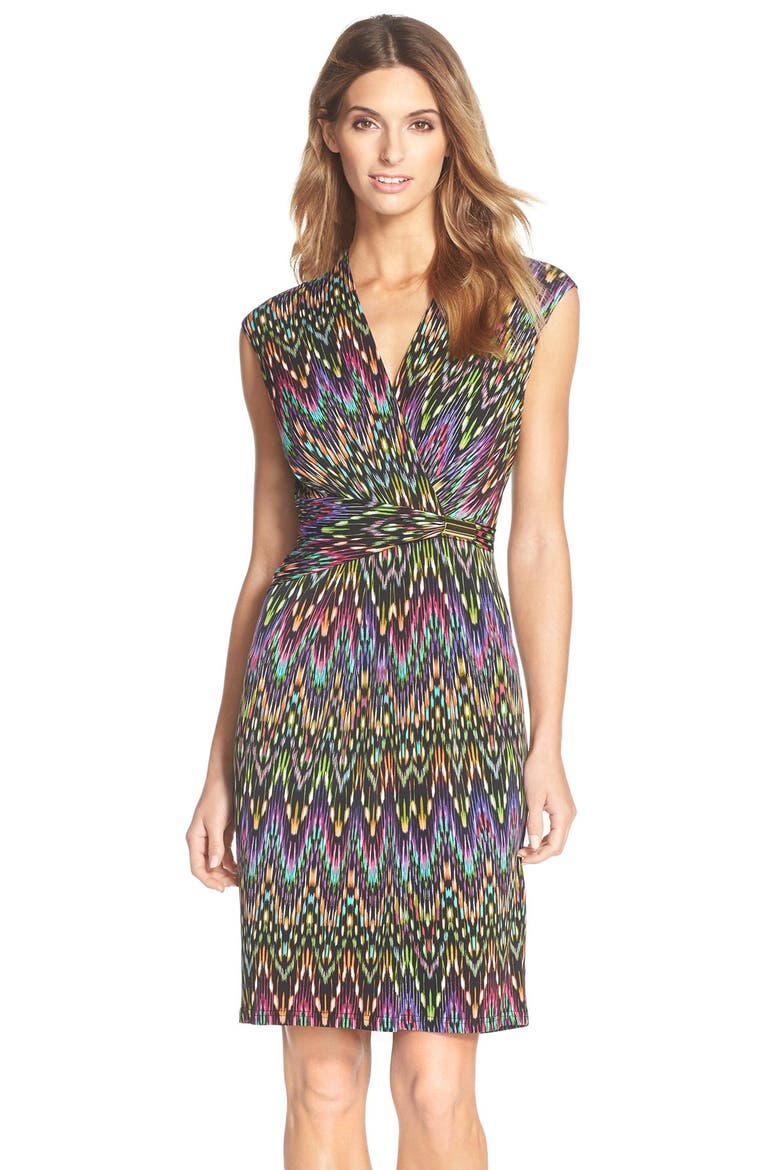 Print Faux Wrap Jersey Dress, Main, color, BLACK MULTI