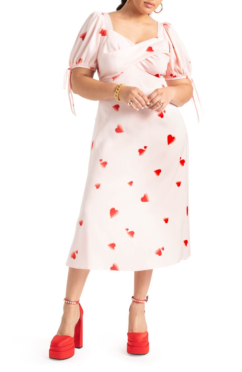 ELOQUII Heart Print Puff Sleeve Satin Midi Dress, Main, color, 