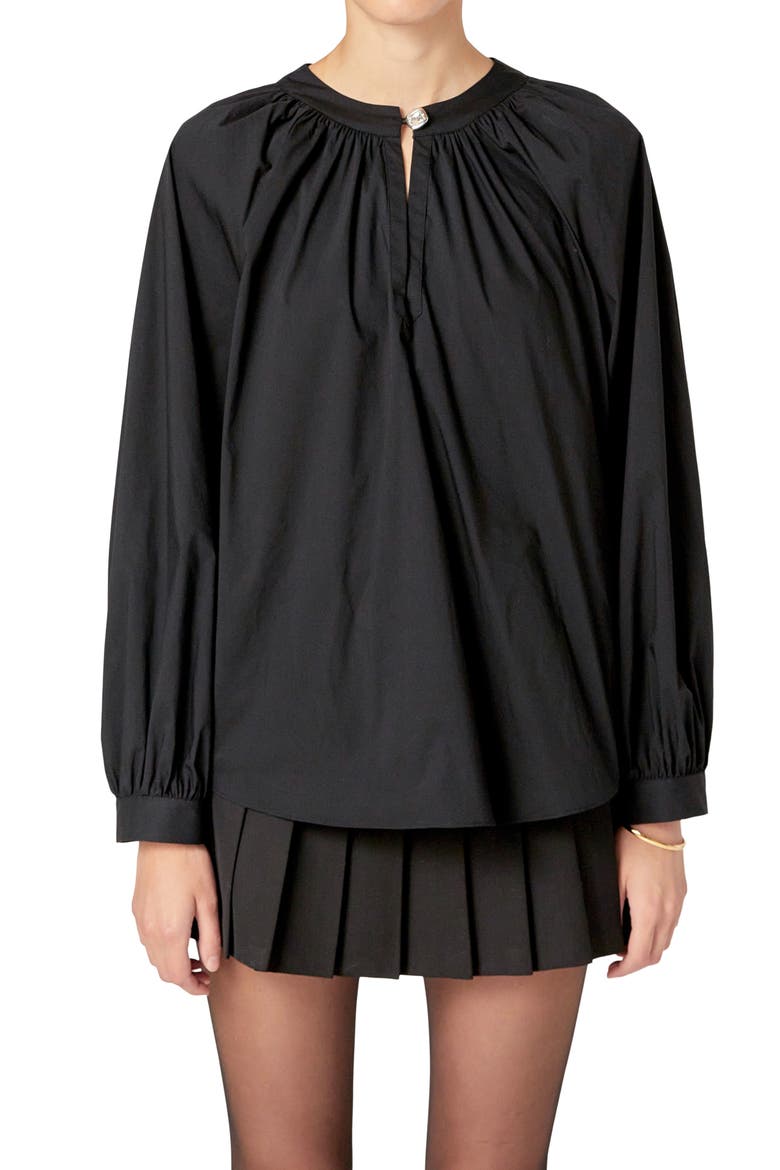 Rhinestone Button Shirred Cotton Blend Top, Alternate, color, BLACK