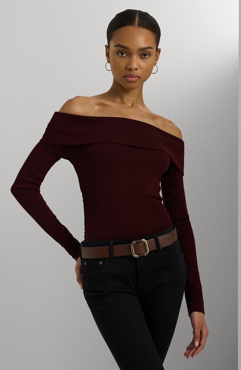 Lauren Ralph Lauren Rib Off the Shoulder Top, Alternate, color, Pinot Noir