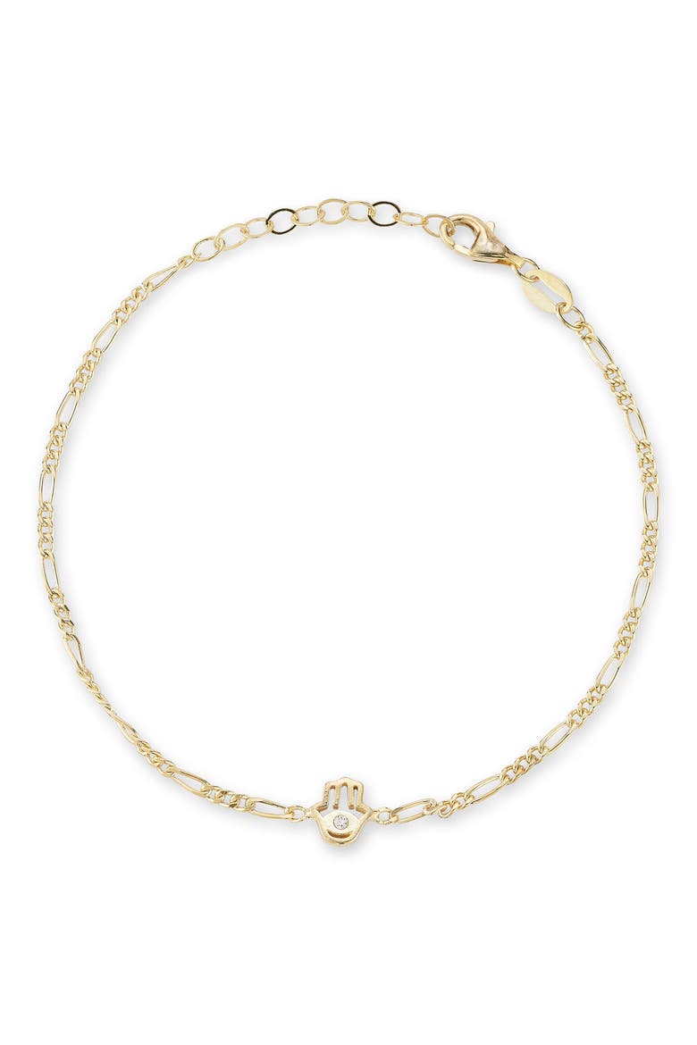 Hamsa Cubic Zirconia Figaro Link Bracelet, Main, color, GOLD