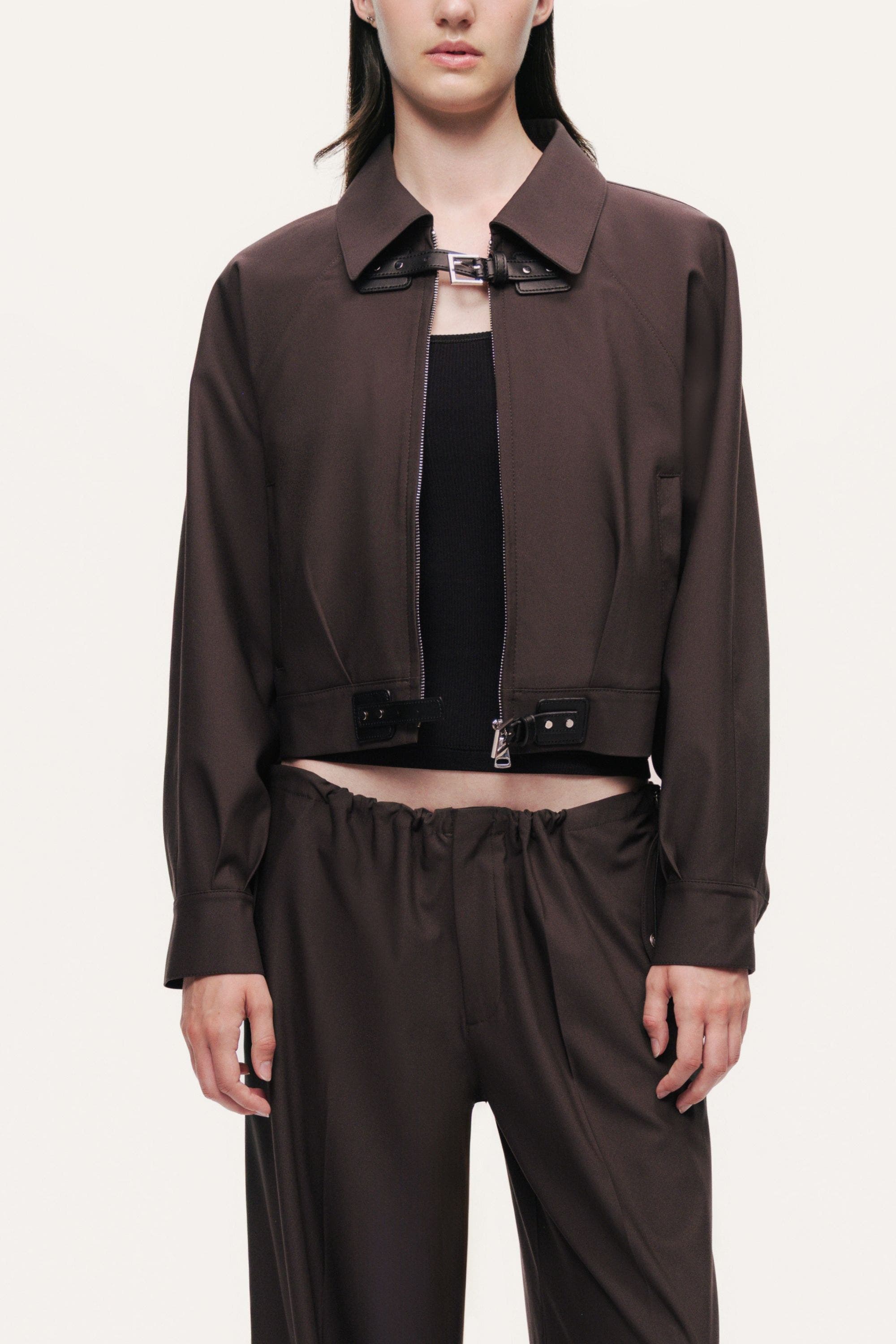 Buckle Detail Cropped Zip Jacket