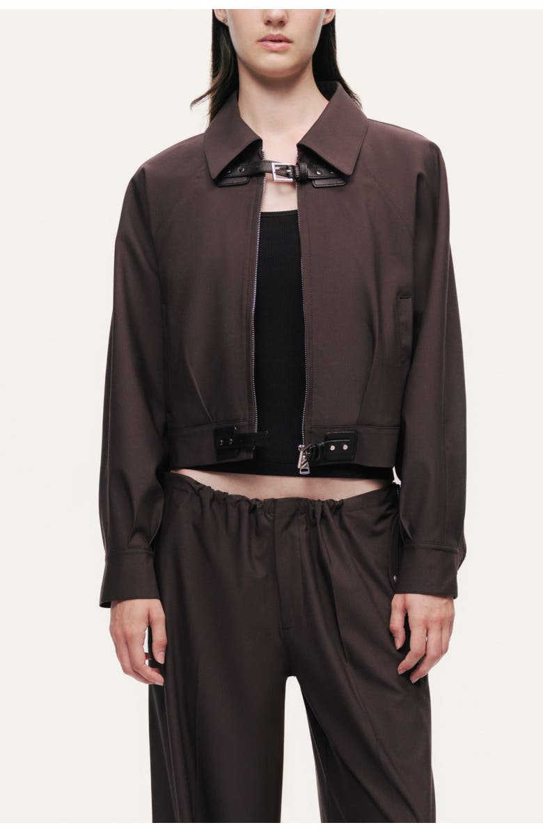 Nocturne Buckle Detail Cropped Zip Jacket, Main, color, Dark Brown