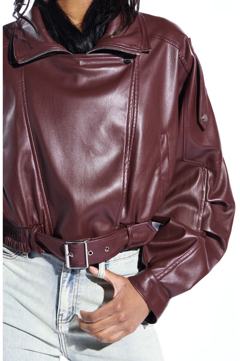 Faux Leather Moto Jacket, Alternate, color, BURGUNDY