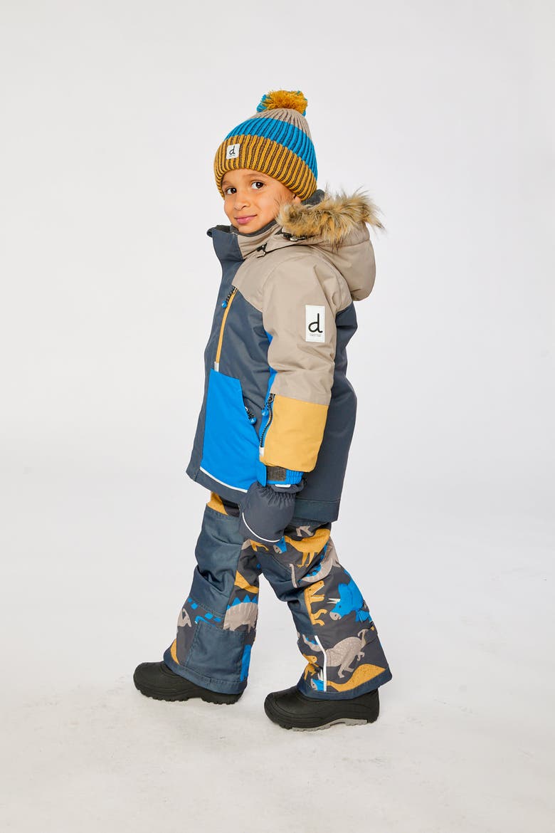 Play Faux Fur Hood Jacket & Dinosaur Pants Two Piece Snowsuit, Alternate, color, Grey and Blue Dinosaur Print