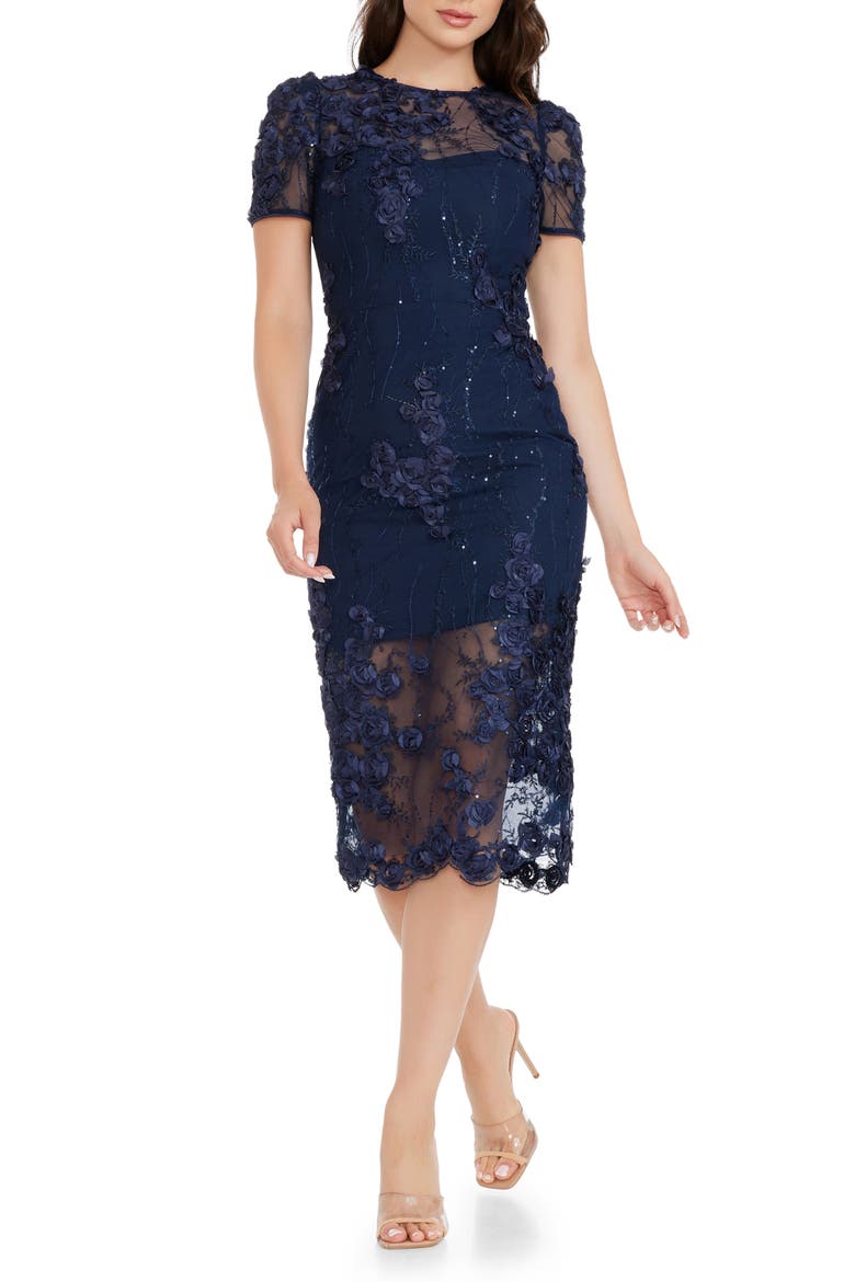 Lia Sequin & Flower Appliqué Sheath Dress, Main, color, NAVY
