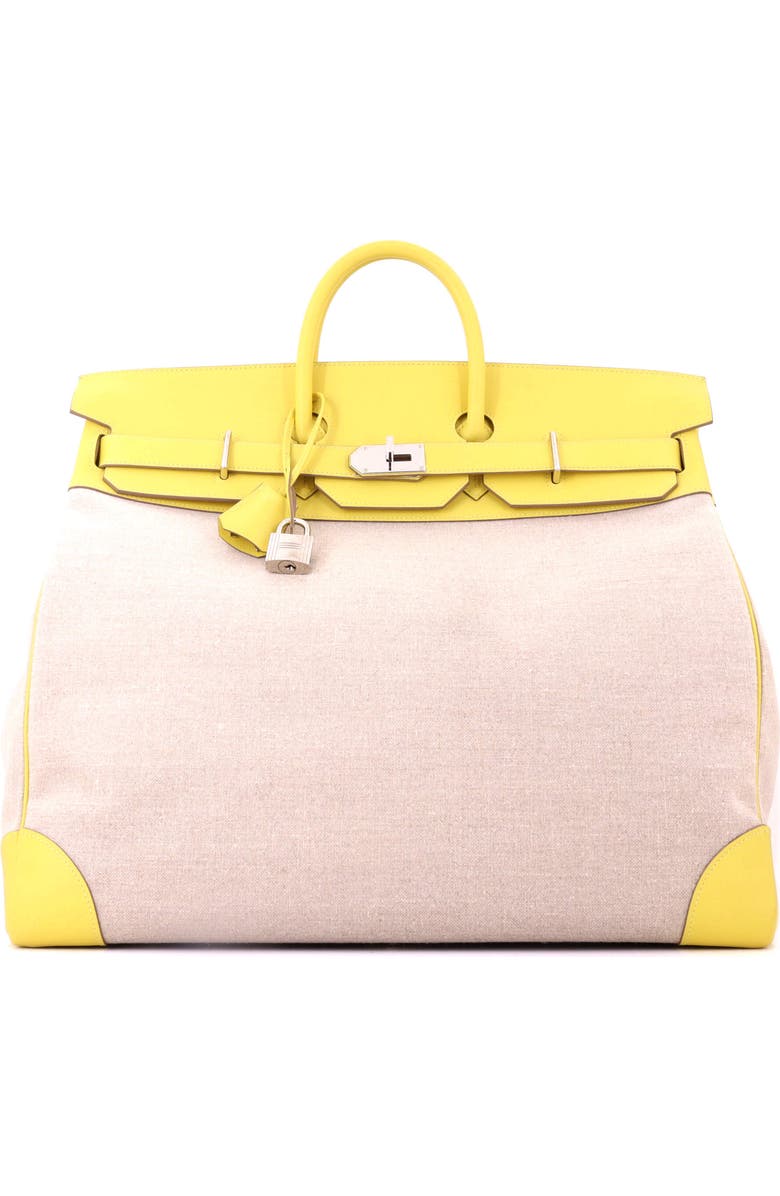 Pre-Owned Hermes HAC Birkin Bag Toile and Yellow Evercolor with Palladium Hardware 50, Main, color, Lime