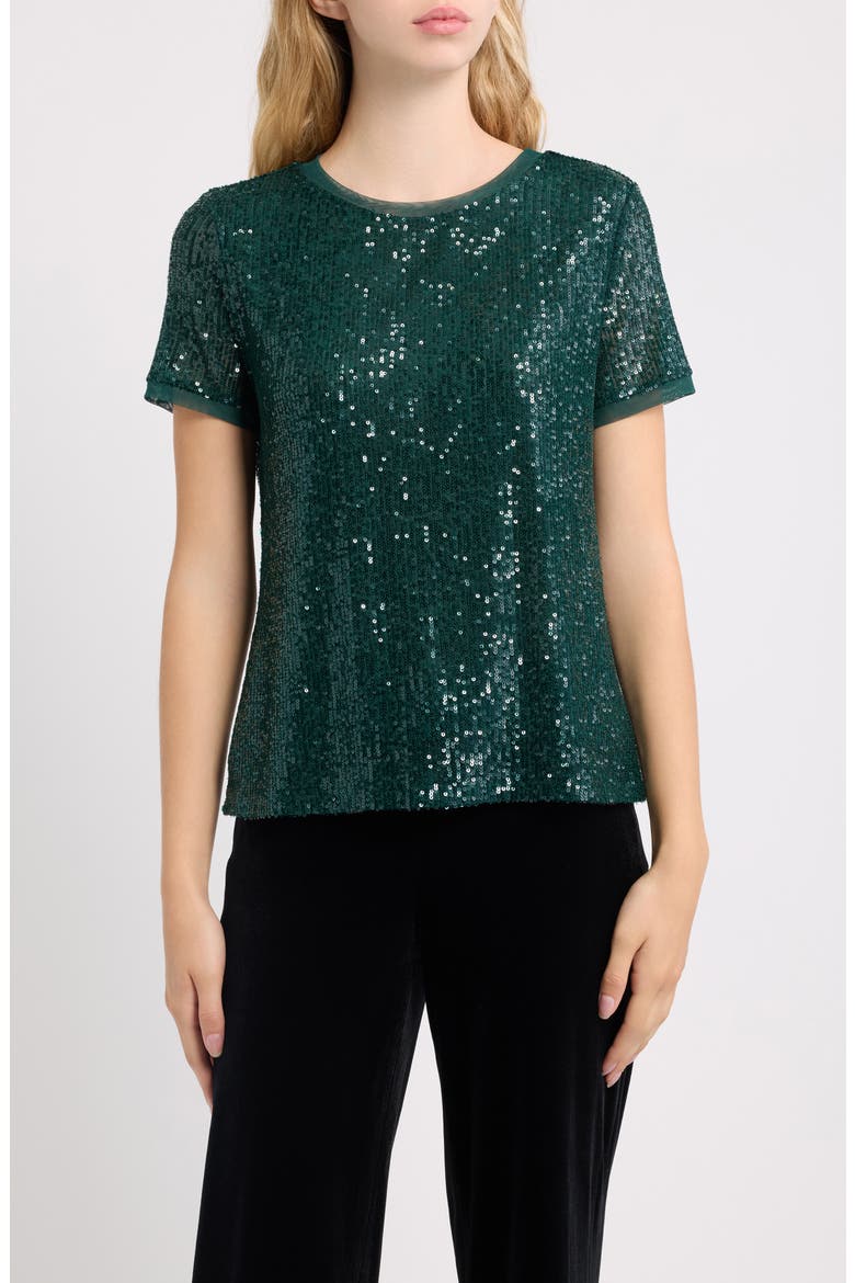 Sequined Short Sleeve T-Shirt, Main, color, PINE FOREST