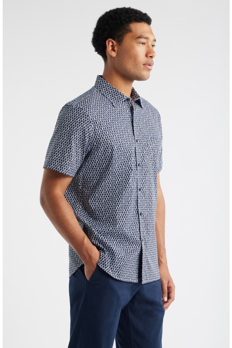Check Short Sleeve Stretch Button-Up Shirt, Alternate, color, NAVY PAINTED CHECK