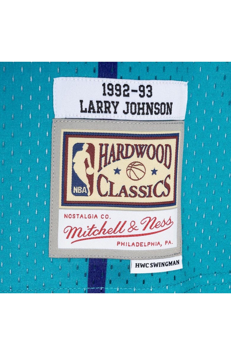 Mitchell & Ness Men's Mitchell & Ness Larry Johnson Teal/Purple Charlotte Hornets Hardwood Classics 1992/93 Split Swingman Jersey, Alternate, color, 