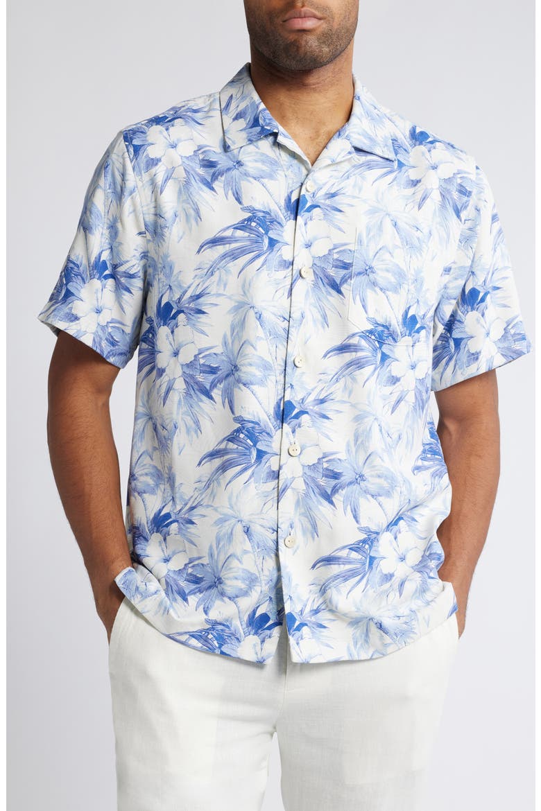 Palmeras Party Print Silk Blend Camp Shirt, Main, color, GENTLE VIOLET