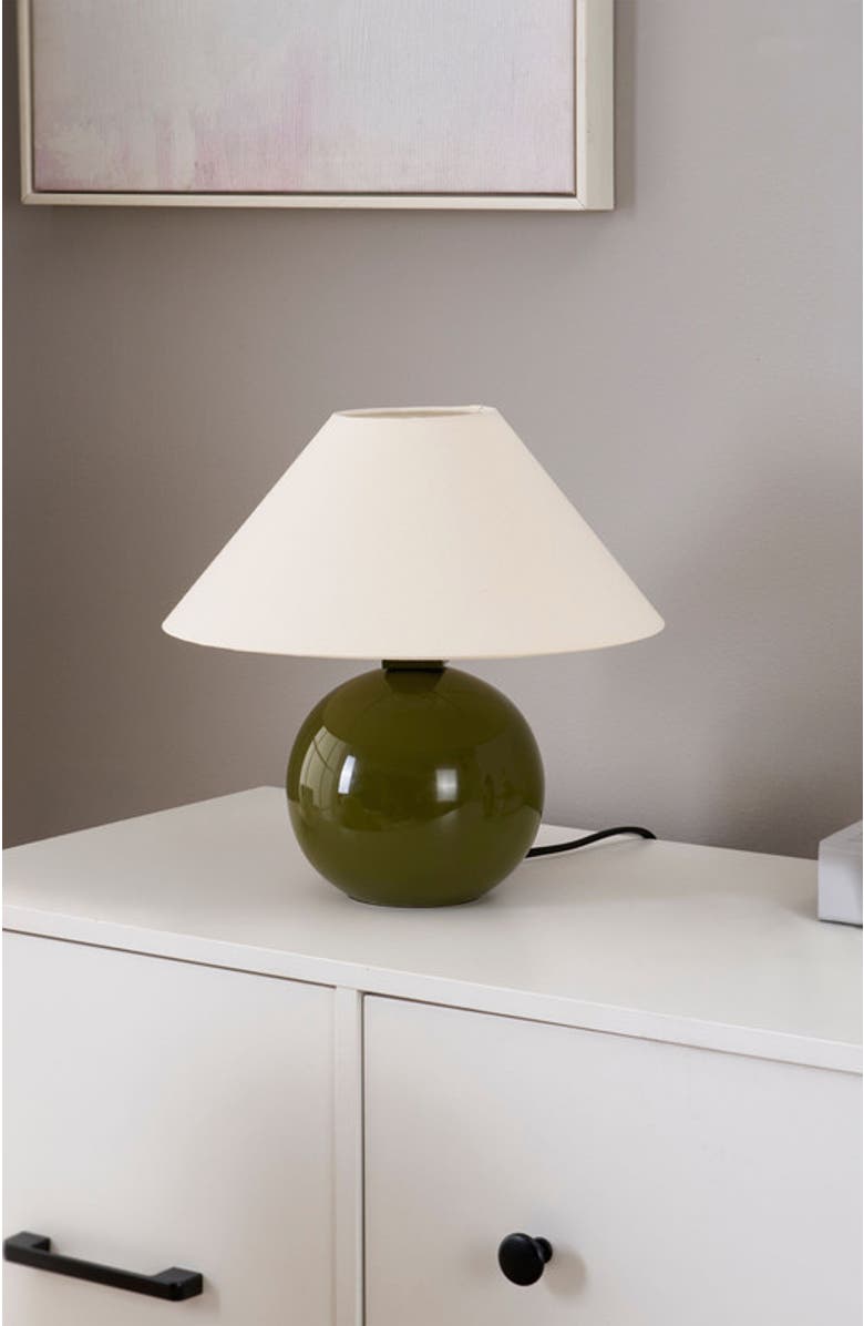 Brightech Fiona 11" Round Ceramic Coastal LED Bedside Table Lamp with Classic Empire Shade, Alternate, color, Olive Green