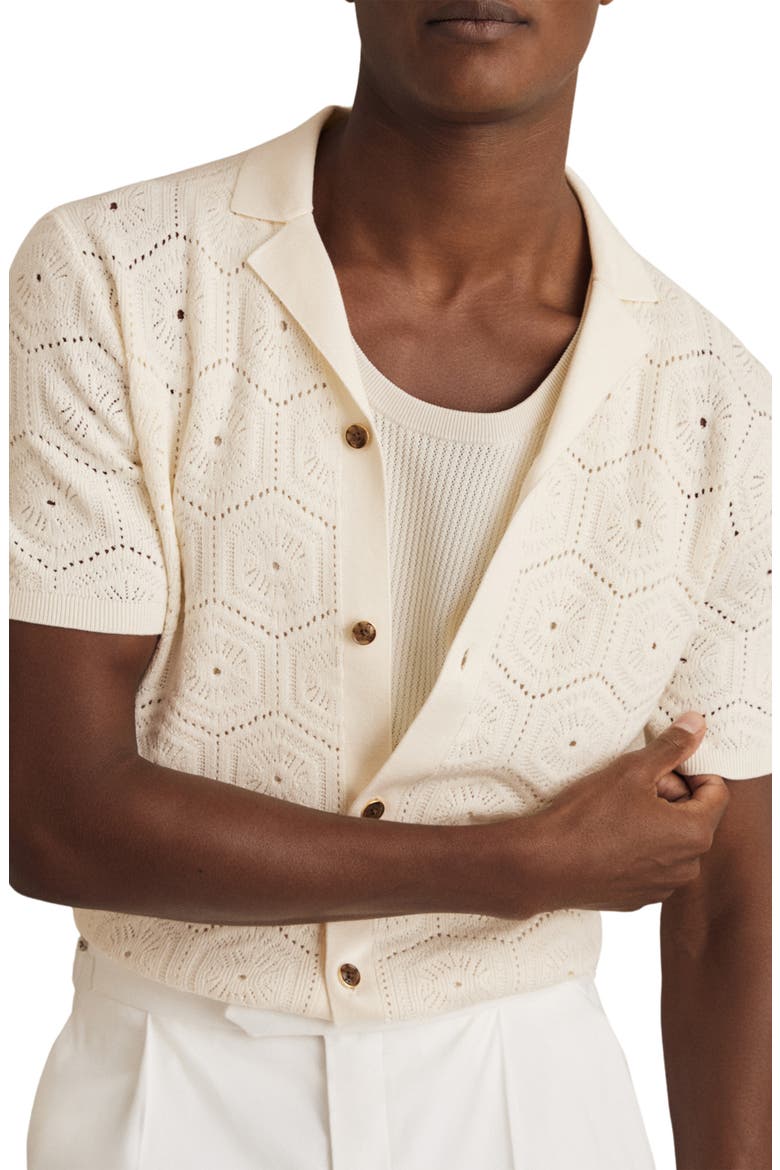 Royce Open Stitch Button-Up Polo Sweater, Alternate, color, OFF WHITE