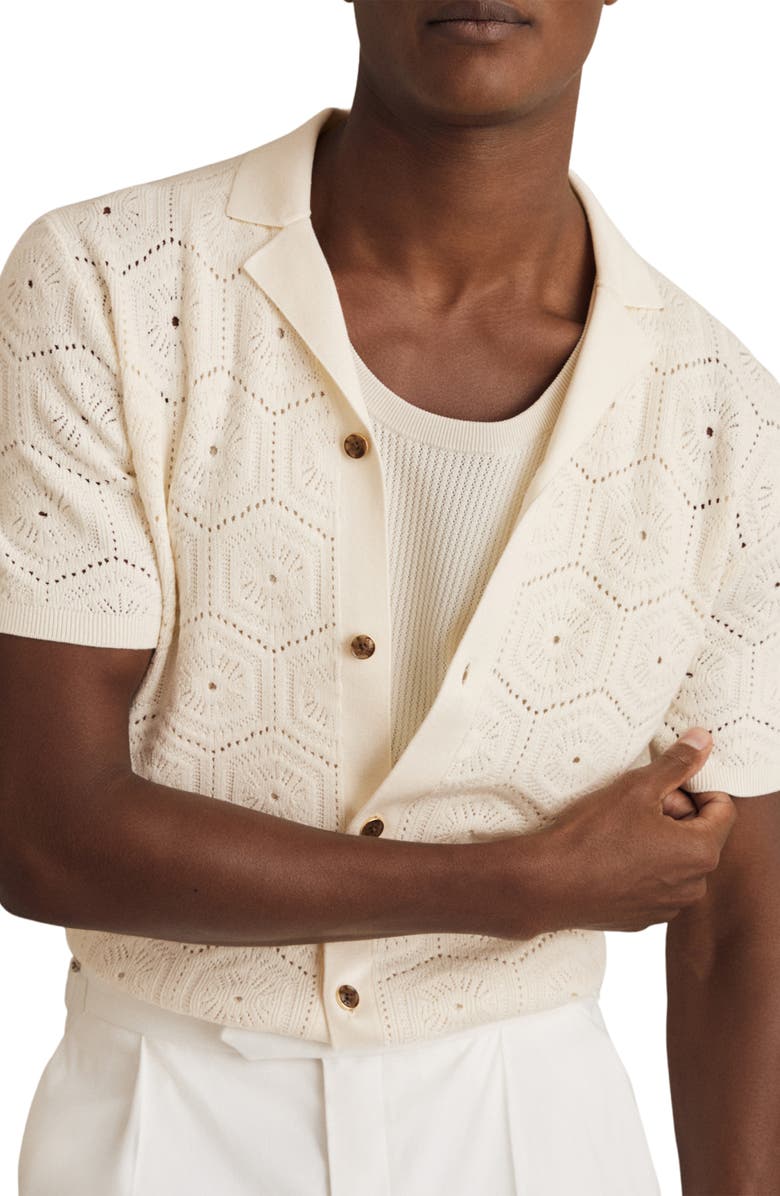 Reiss Royce Open Stitch Button-Up Polo Sweater, Alternate, color, Off White