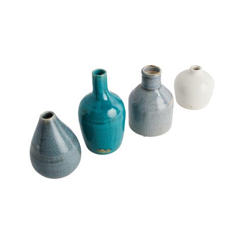 Round Terracotta Vases, Blue and Ivory, Set of 4