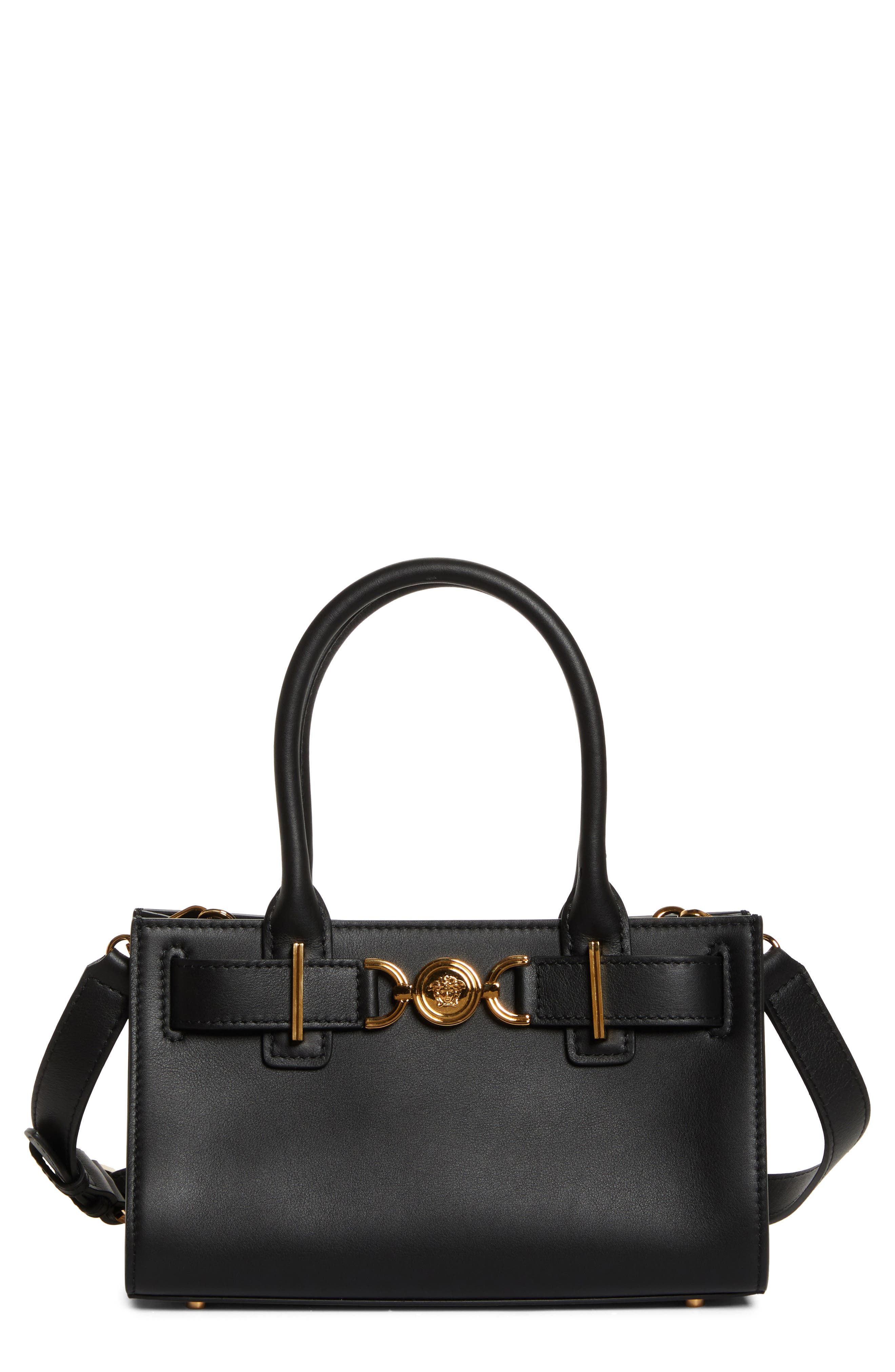 Versace Medusa Small Belted Leather Tote, Main, color, Black-Versace Gold