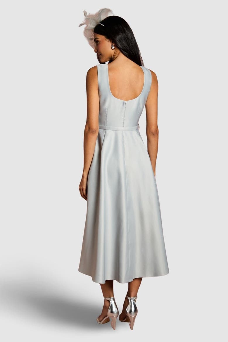 Structured Satin 3D Corsage Midi Dress, Alternate, color, Silver