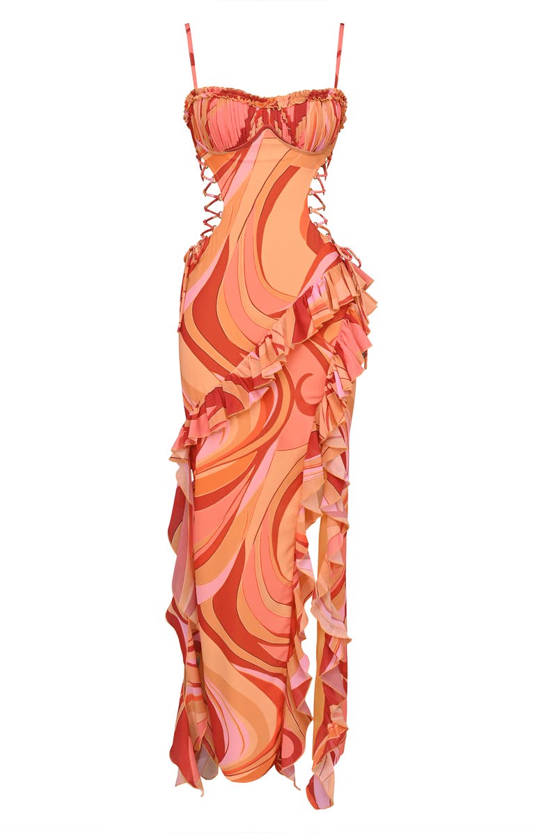 HOUSE OF CB Lumira Print Ruffle Gown, Alternate, color, Sunset Swirl Print