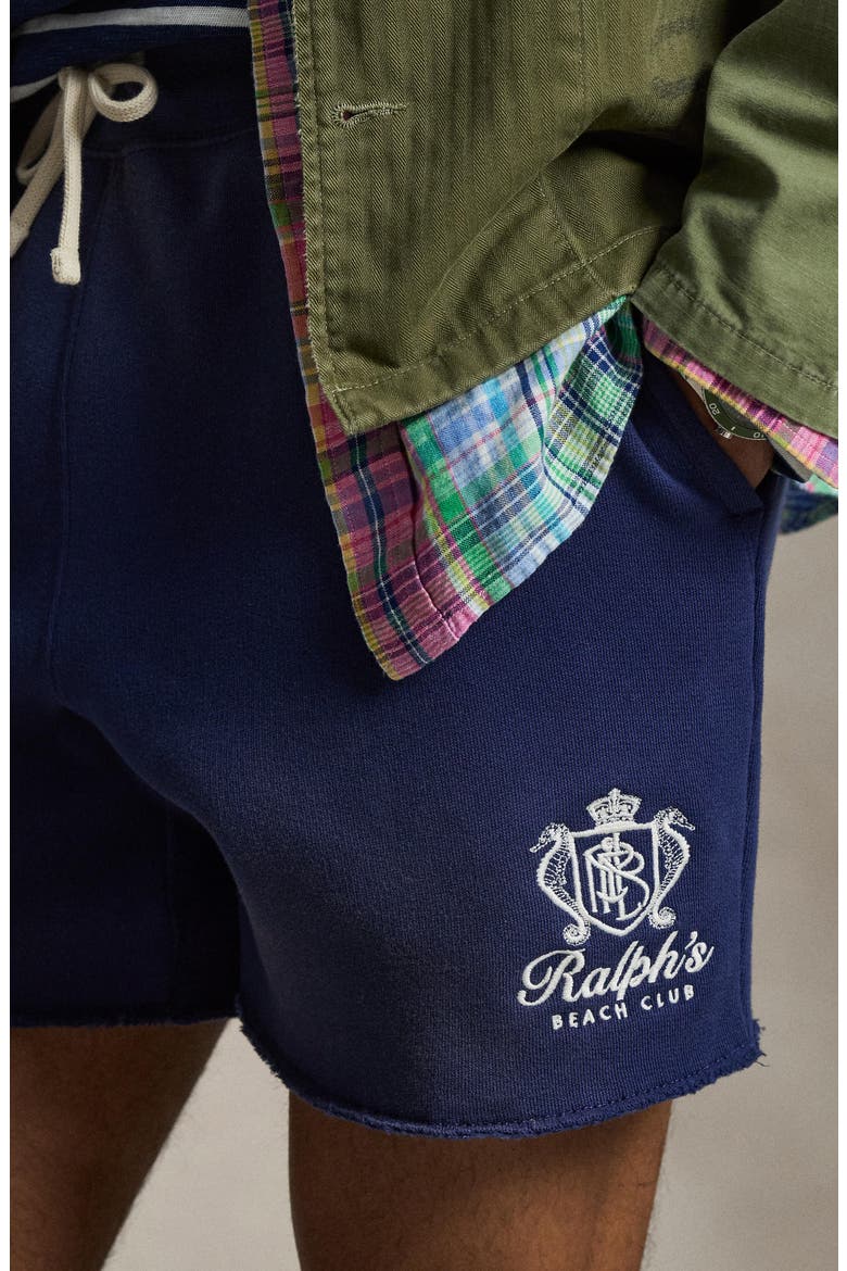 Relaxed Fit Embroidered Fleece Shorts, Alternate, color, DARK COBALT