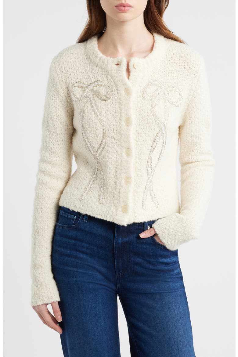 Leocadia Embellished Bow Wool Blend Cardigan, Main, color, IVORY