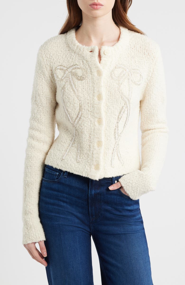 LoveShackFancy Leocadia Embellished Bow Wool Blend Cardigan, Main, color, Ivory