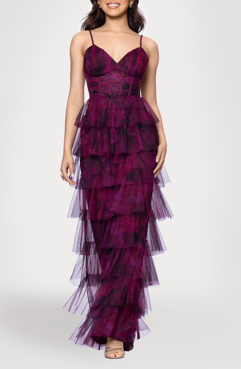 Blondie Nites Tiered Ruffle Column Dress, Main, color, Wine Multi