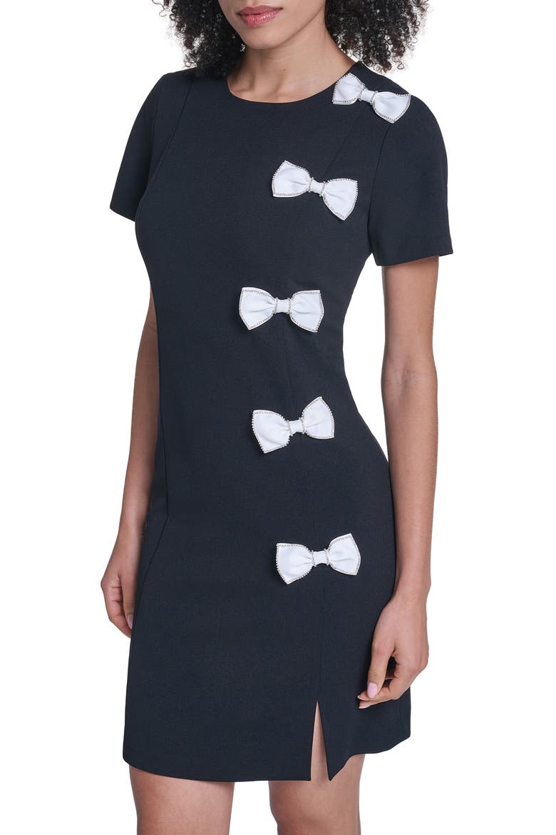 Scuba Rhinestone Bow Sheath Dress, Alternate, color, BLACK/ SOFT WHITE
