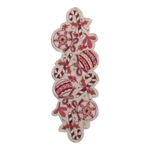 Storied Home Hand-embroidered Slub Printed Table Runner With Applique, Ornaments, Candy Canes, Beads In Pink