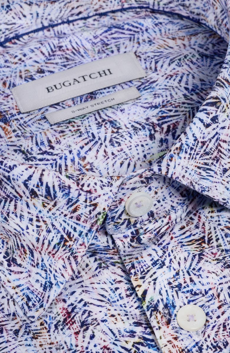Bugatchi Miles OoohCotton<sup>®</sup> Tropical Leaf Print Short Sleeve Button-Up Shirt, Alternate, color, Iris