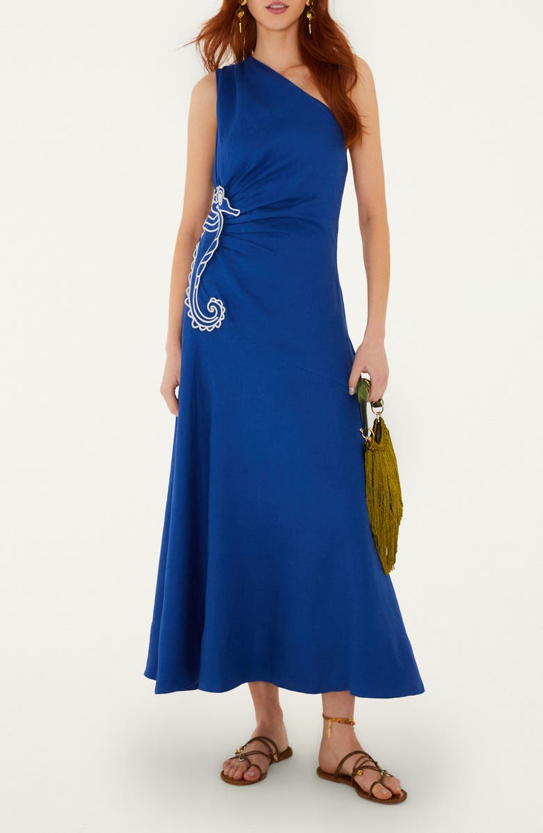 FARM Rio Embroidered Seahorse One-Shoulder Linen Dress, Main, color, Blue