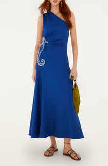 Embroidered Seahorse One-Shoulder Linen Dress