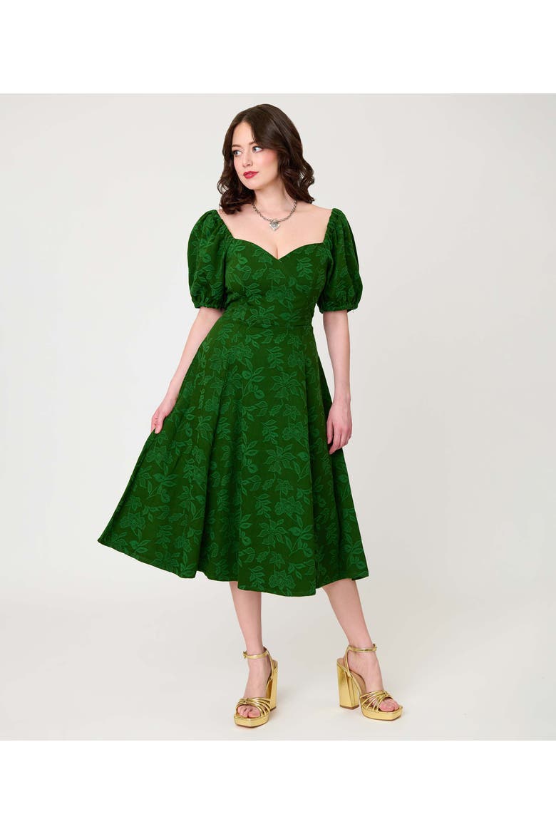 Jacquard Sweetheart Swing Dress, Alternate, color, Green Floral Print