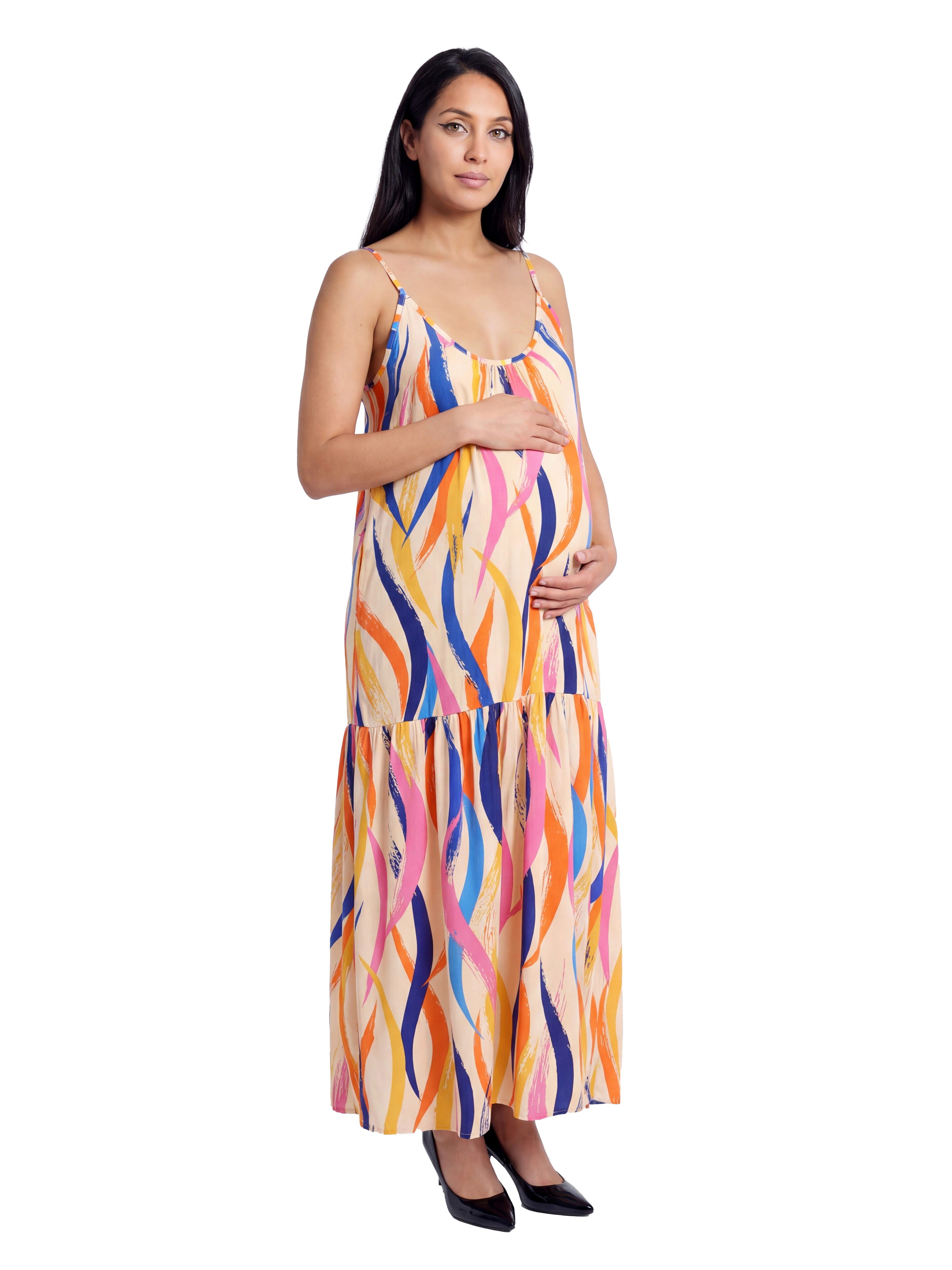 Maternity Essential Abstract Print Scoop Neck Spaghetti Strap Pocket A-Line Maxi Dress - image 2