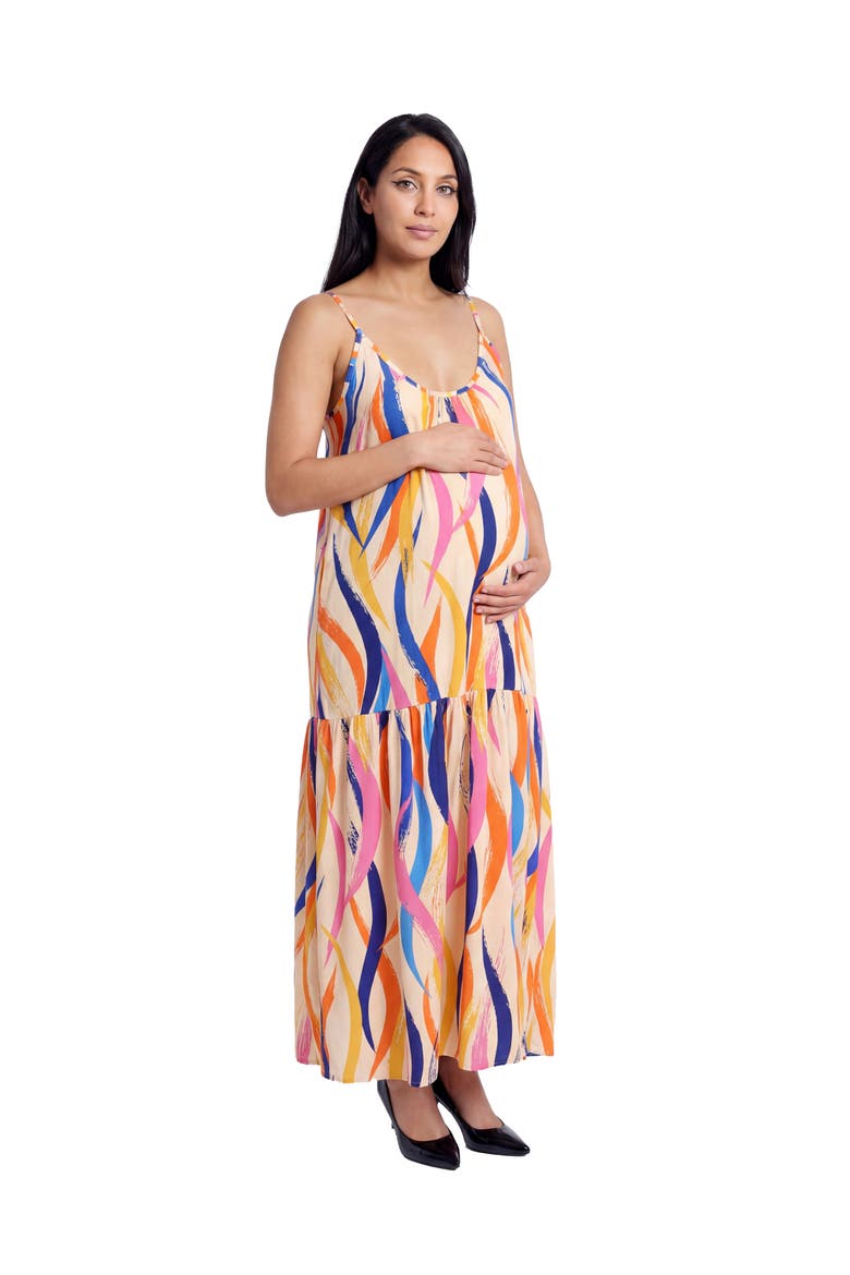 Maternity Essential Abstract Print Scoop Neck Spaghetti Strap Pocket A-Line Maxi Dress, Alternate, color, Orange Multi
