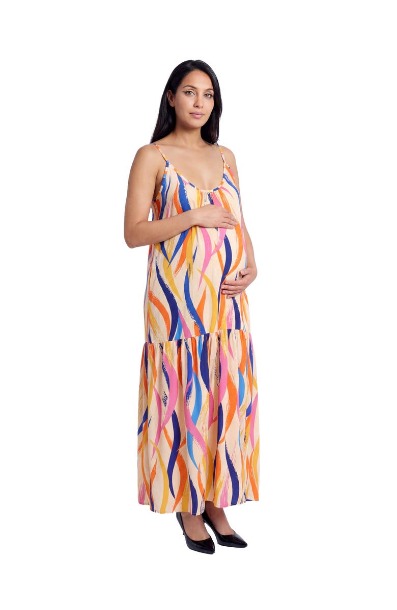 24seven Comfort Apparel Maternity Essential Abstract Print Scoop Neck Spaghetti Strap Pocket A-Line Maxi Dress, Alternate, color, Orange Multi