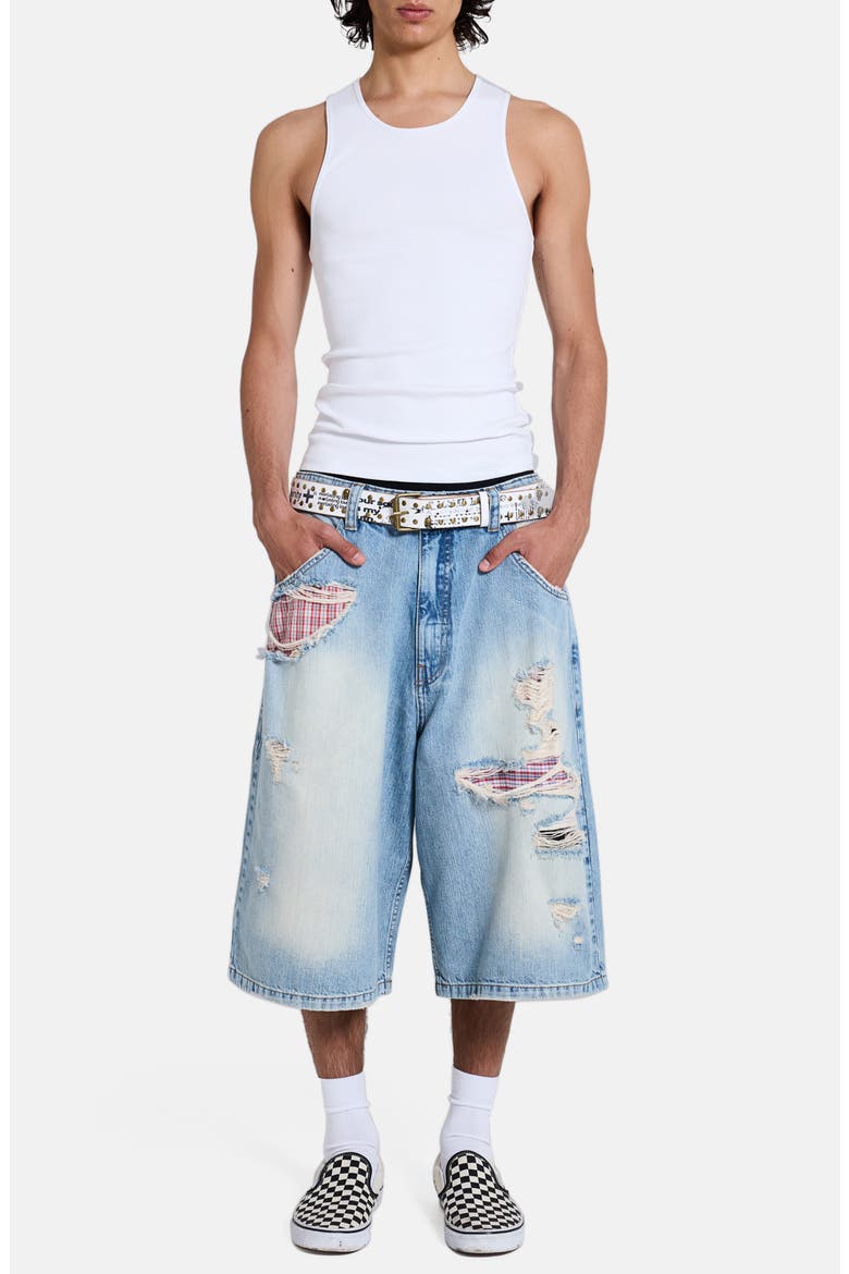 Ripped Boxer Detail Colussus Denim Shorts, Alternate, color, DENIM