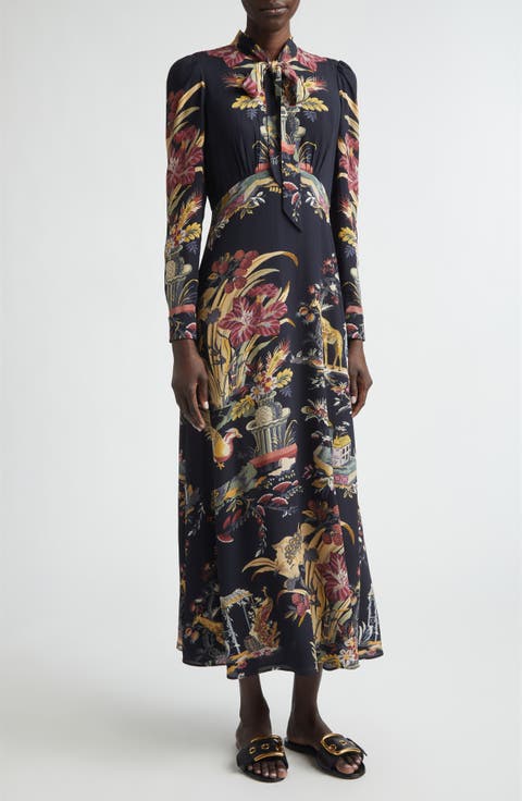 Placed Flower & Animal Print Tie Neck Long Sleeve Dress