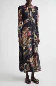 Etro Placed Flower & Animal Print Tie Neck Long Sleeve Dress