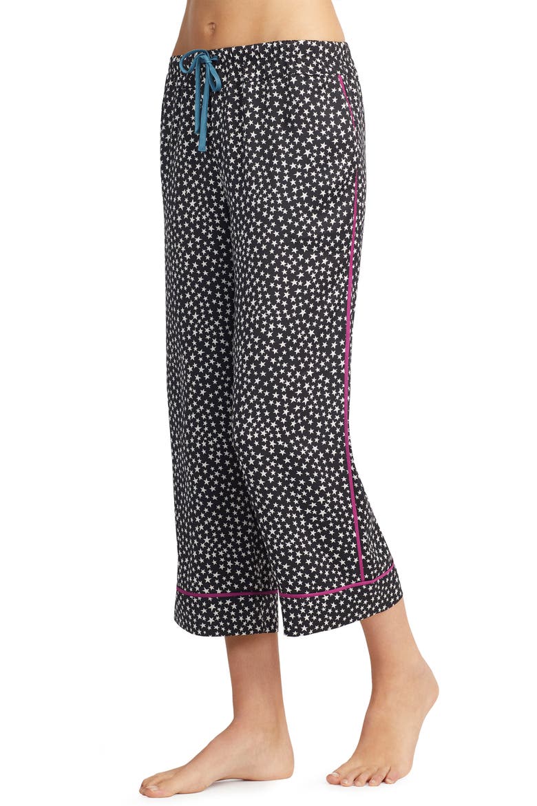 Room Service Crop Satin Pajama Pants, Main, color, BLACK / WHITE STAR TOSS