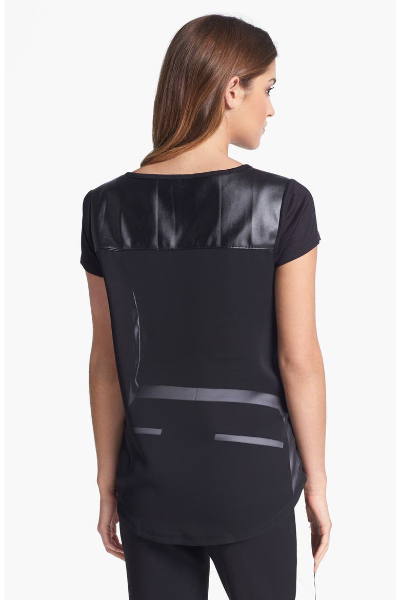 Faux Leather Yoke Tee, Alternate, color, BLACK
