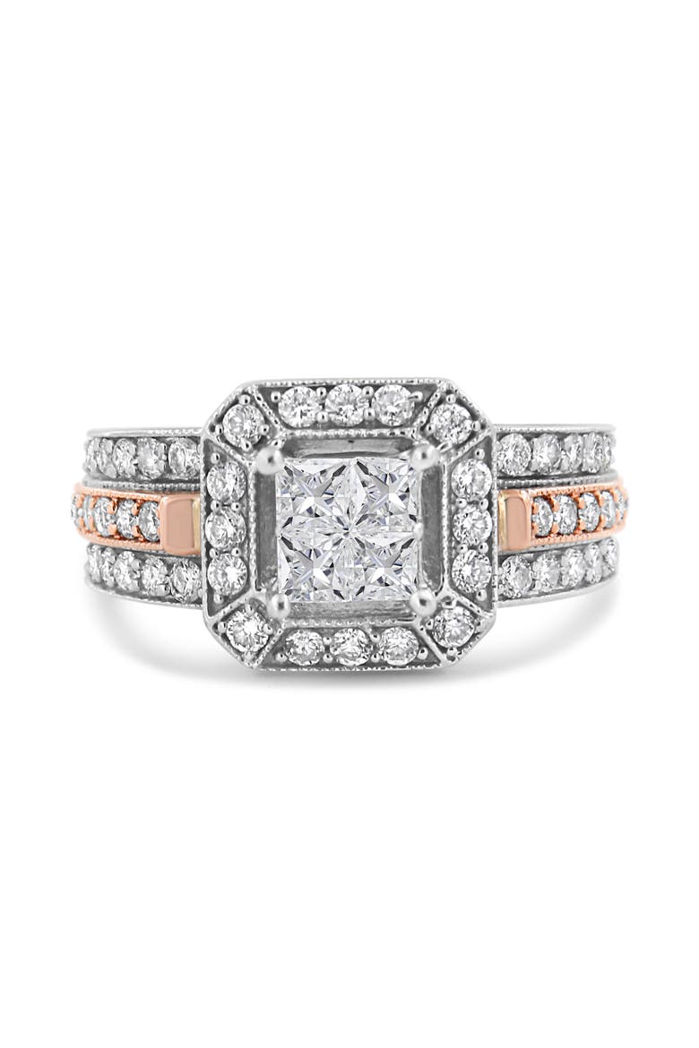 14K White and Rose Gold 1 1/8 Cttw Diamond Art Deco Style Triple Shank Cocktail Ring, Alternate, color, White