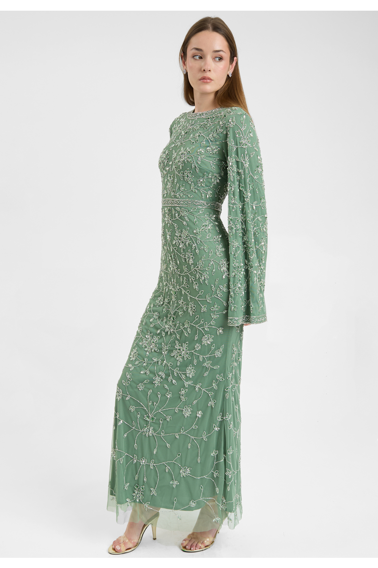 Modest Embellished Sequin Beaded Dress Maxi With Sleeves Design, Alternate, color, GREEN