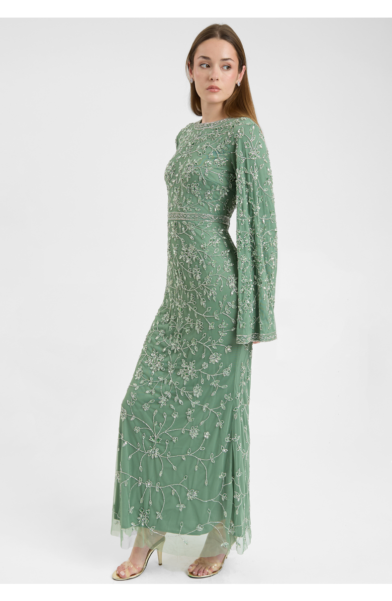 MARYISA Modest Embellished Sequin Beaded Dress Maxi With Sleeves Design, Alternate, color, Green